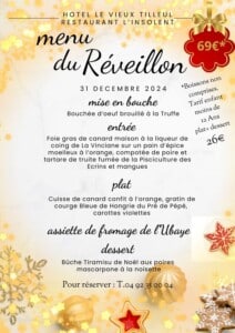 menu du réveillon de l'Hôtel le Vieux Tilleul à Seyne les Alpes